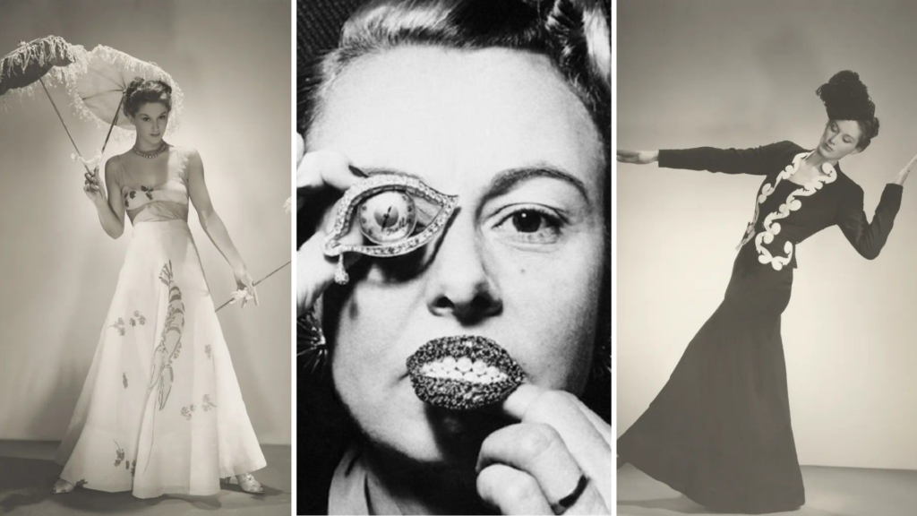 Tríptico de moda vintage: a la izquierda, una modelo con el vestido de langosta y sombrilla; al centro, un primer plano de mujer con broches de ojo y labios de rubíes; a la derecha, modelo con chaqueta negra y bordados blancos de estilo surrealista