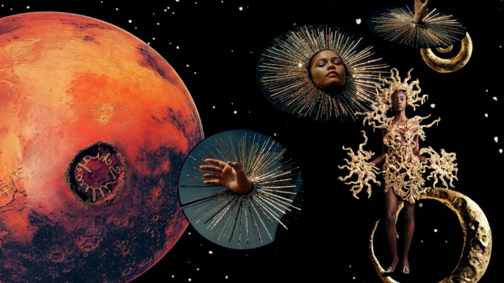 Collage surrealista de Schiaparelli con temática astronómica: Zendaya luciendo un tocado circular de rayos dorados sobre un fondo de galaxias, el planeta Marte con el logo de Schiaparelli y una modelo con una estructura escultórica de oro.