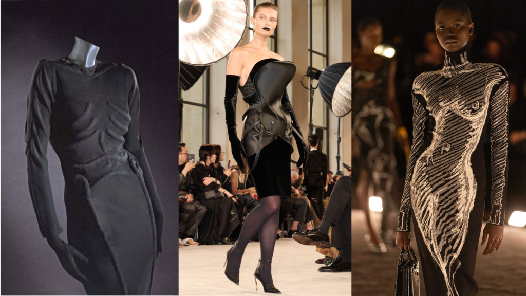 Tríptico de vestidos de Schiaparelli que muestran ilusiones ópticas: a la izquierda, el histórico "Skeleton Dress" (vestido esqueleto); al centro, un corsé rígido de cuero negro; y a la derecha, un vestido moderno con la silueta del cuerpo femenino bordada.
