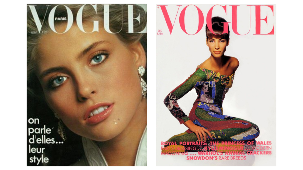 Dos portadas de Vogue que contrastan la fotografía analógica de 1980 (piel con textura y tonos naturales) frente a la era digital de los 90 (piel de porcelana y colores saturados).