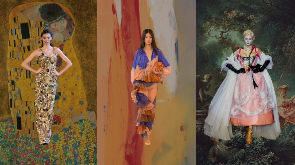 Imagen compuesta por tres secciones que fusionan obras de arte con desfiles de moda. A la izquierda, una modelo con un vestido dorado y negro de Raúl Michra, posa sobre un fondo que recrea "El Beso" de Klimt. En el centro, una modelo con un vestido de tul azul y naranja desfila en la colección de Ulla Johnson sobre un fondo de la pintura “Bending Blue” de Helen Frankenthaler. A la derecha, una modelo con un vestido barroco rosa y blanco de Vivienne Westwood, posa sobre un fondo inspirado en la pintura de Jean-Honoré Fragonard, "El columpio". Esta imagen ilustra la relación entre el arte y la moda.