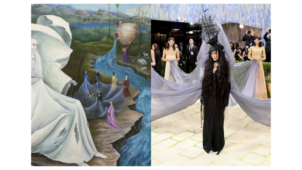 Una imagen dividida: a la izquierda, la pintura surrealista de Leonora Carrington, 'La tentación de san antonio', mostrando un paisaje onírico con figuras femeninas. A la derecha, Madonna posa en la alfombra roja de la Met Gala del 2026 luciendo un atuendo negro y gris con velos dramáticos y un tocado con una estructura de barco, una reinterpretación de las mujeres que personifican la tentación en la obra de Carrington.