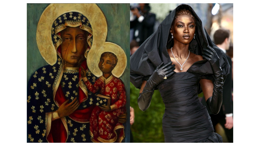Un collage comparativo de dos imágenes. A la izquierda, el icono religioso de la Virgen Negra de Częstochowa, protectora de Polonia, que muestra a la Virgen María con el Niño Jesús, destacando las cicatrices en su mejilla. A la derecha, la modelo Anok Yai en la Met Gala 2026 luciendo un atuendo escultórico negro con capucha de Balenciaga, diseñado por Pierpaolo Piccioli. La modelo lleva lágrimas doradas maquilladas sobre su rostro como símbolo de dolor ante la guerra actual, emulando la iconografía de la obra sacra