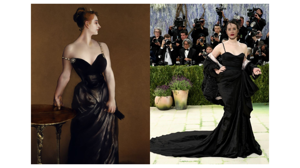 Una imagen de collage que compara dos figuras. A la izquierda, el famoso retrato al óleo de John Singer Sargent, "Madame X" (1884), que muestra a Virginie Gautreau con un vestido de noche negro escotado, un tirante caído sobre el hombro y la piel muy pálida. A la derecha, una fotografía de la actriz Claire Foy en la alfombra roja de la Met Gala 2026, luciendo un moderno vestido de satén negro inspirado en la obra, con un escote similar y tirantes delicados, posando ante un muro de fotógrafos