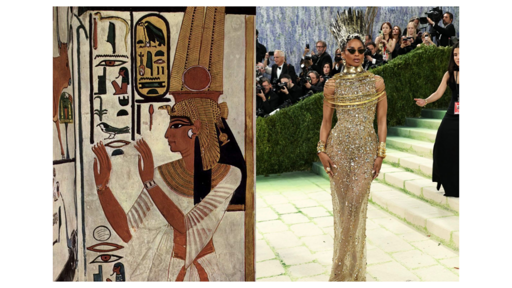 Una imagen de collage que compara dos figuras. A la izquierda, un fresco del antiguo Egipto que muestra a la reina Nefertiti de perfil, con su característico tocado alto y plano, un collar ancho y túnica blanca, rodeada de jeroglíficos. A la derecha, una fotografía de la cantante Ciara en la alfombra roja de la Met Gala 2026, luciendo un espectacular vestido dorado de alta costura con textura de escamas y una corona alta y elaborada que emula el tocado de Nefertiti, posando ante un muro de fotógrafos