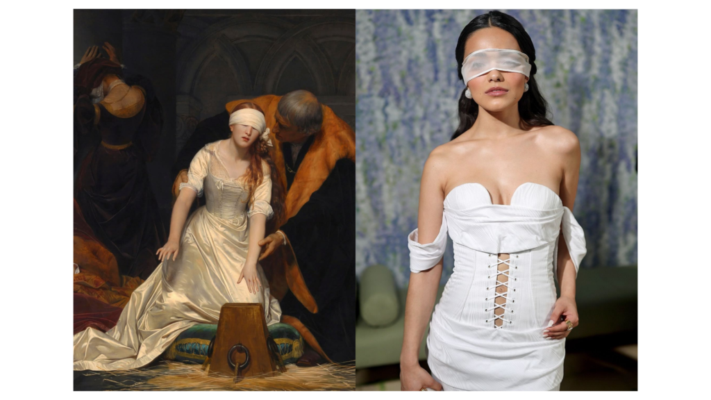 Un collage comparativo compuesto por dos imágenes. A la izquierda, el óleo "La ejecución de Lady Jane Grey" (1833) de Paul Delaroche, que muestra a la joven vendada y vestida de satén blanco frente al tajo. A la derecha, una fotografía de la actriz Rachel Zegler en la Met Gala 2026, luciendo un vestido blanco de estilo corsé moderno y una venda de tela semitransparente sobre los ojos, replicando la iconografía de la pintura original