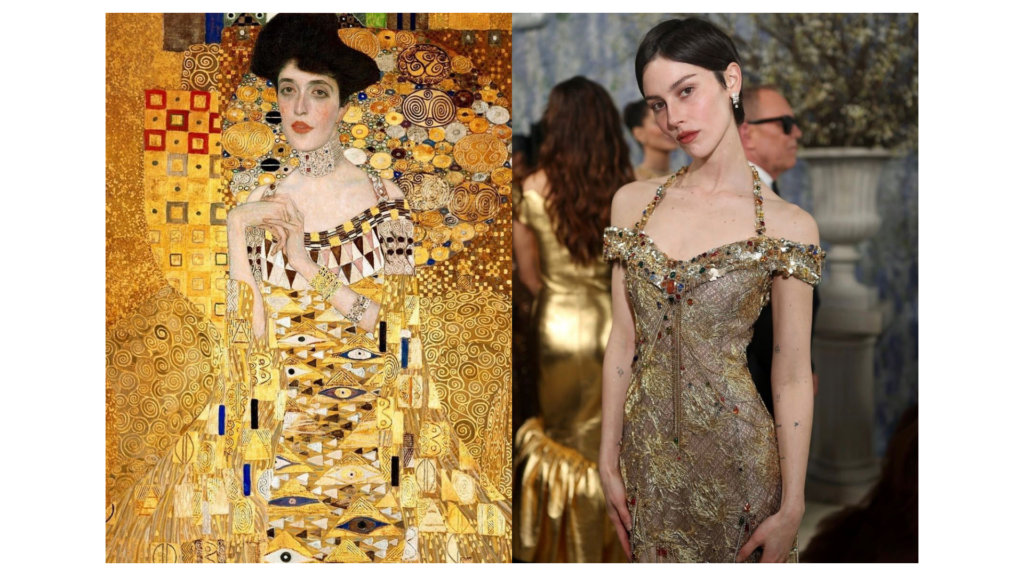 Una imagen dividida en dos paneles: a la izquierda, el famoso cuadro "Retrato de Adele Bloch-Bauer I" de Gustav Klimt, conocido como la 'Mujer Dorada', con su característico estilo de mosaico y pan de oro. A la derecha, una fotografía de la cantante Gracie Abrams luciendo un vestido de alta costura de Chanel en tonos dorados y con incrustaciones de joyas, claramente inspirado en la estética y los patrones geométricos de la pintura de Klimt