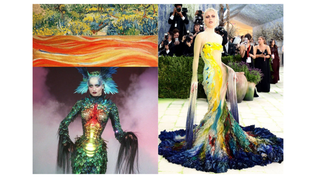 Collage artístico de la Met Gala 2026. A la derecha, Emma Chamberlain luce un vestido de alta costura de Mugler con una falda voluminosa y degradados en azul, amarillo y verde que imitan pinceladas impresionistas. A la izquierda, detalles de las obras de Van Gogh y el cielo de "El Grito" de Edvard Munch, junto a una referencia de la colección "Chimère" de Thierry Mugler (1997). El vestido presenta pinceladas reales aplicadas a mano por los artistas Miguel Castro Freitas y Jared Ellner sobre una silueta escultural