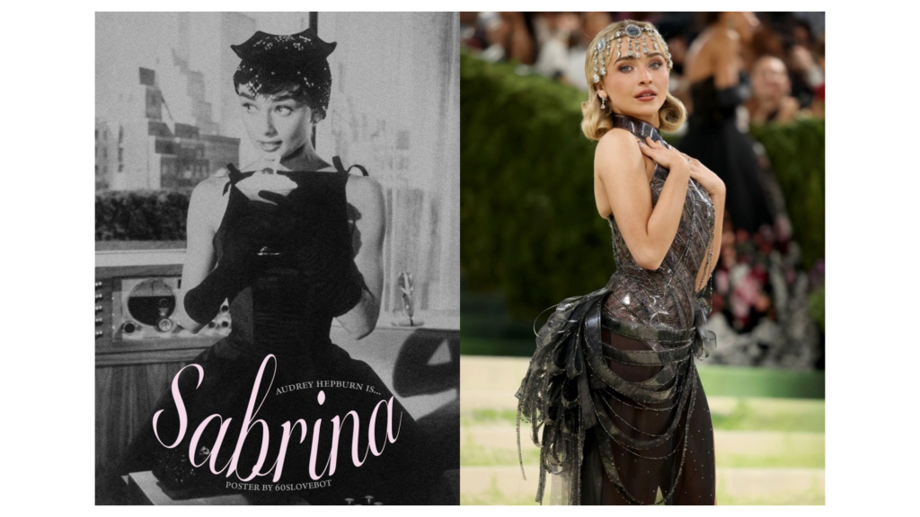 Collage comparativo para la Met Gala 2026. Izquierda: Imagen fija de la película de 1954 "Sabrina" con Audrey Hepburn, conocida por su elegancia. Derecha: Sabrina Carpenter posando con un innovador vestido de Dior en negro y plata, cuya falda estructurada está construida con lo que parece ser film de celuloide de la propia película "Sabrina", creando un efecto de brillo y textura única. Lleva un tocado de red con cristales sobre su cabello rubio