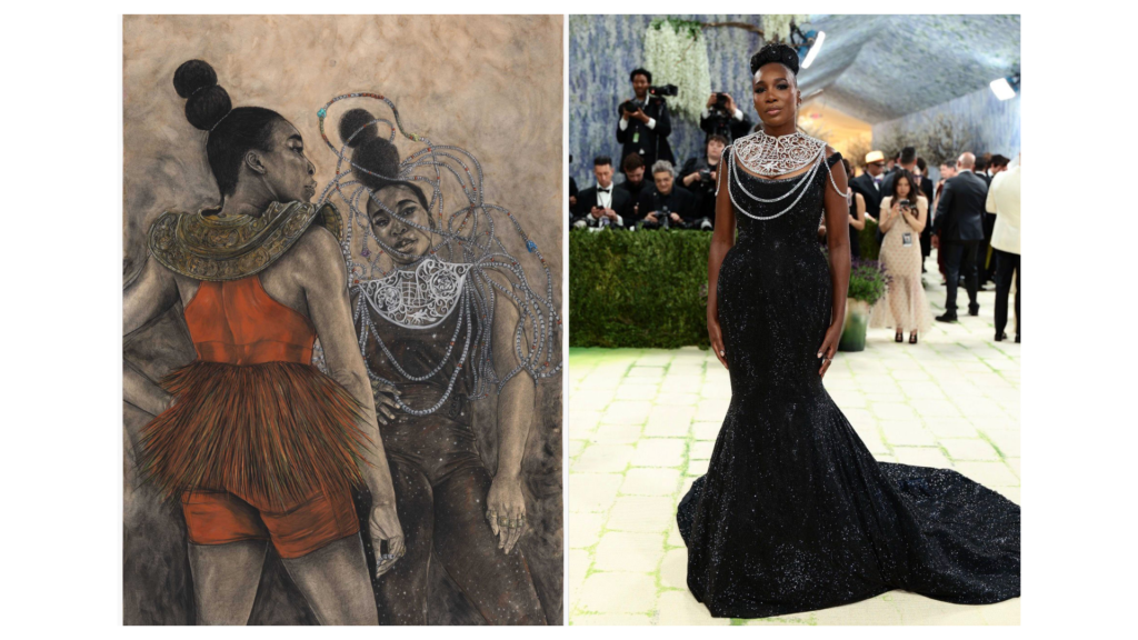 Venus Williams en la alfombra roja de la Met Gala 2026. La tenista viste un diseño de alta costura que incorpora una pieza de metal en el cuello inspirada en la copa de Wimbledon. El look es una reinterpretación real del cuadro de 2022 pintado por Robert Pruitt, que se muestra a la izquierda del collage, destacando la conexión entre el deporte, el arte contemporáneo y la moda