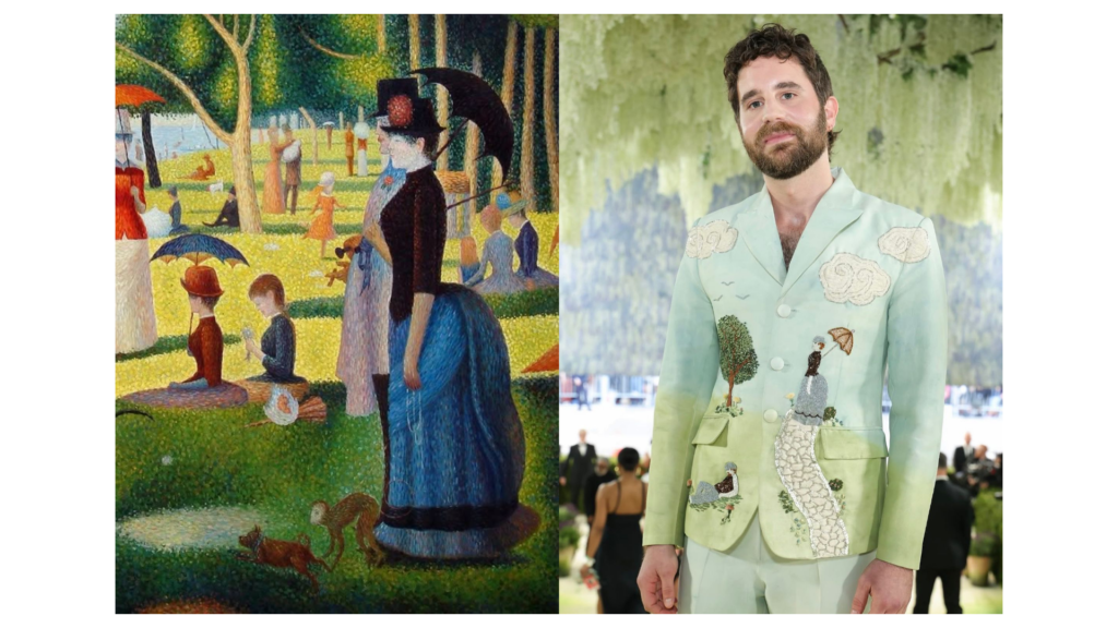 Collage visual que compara una obra maestra del impresionismo con una creación de moda de alfombra roja. Izquierda: La pintura de Édouard Manet, 'El ferrocarril' (1873), un retrato de la vida moderna y la niñez. Derecha: La artista Stevie Nicks, con su característico estilo 'witchy', en la Met Gala 2026. Lució un diseño de alta costura que traduce la esencia del vestido azul oscuro de la pintura original a un vestido de gala voluminoso, capturando la melancolía y la sofisticación de la obra